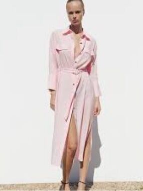Zara Blush Pink Shirt Dress with Tie Waist